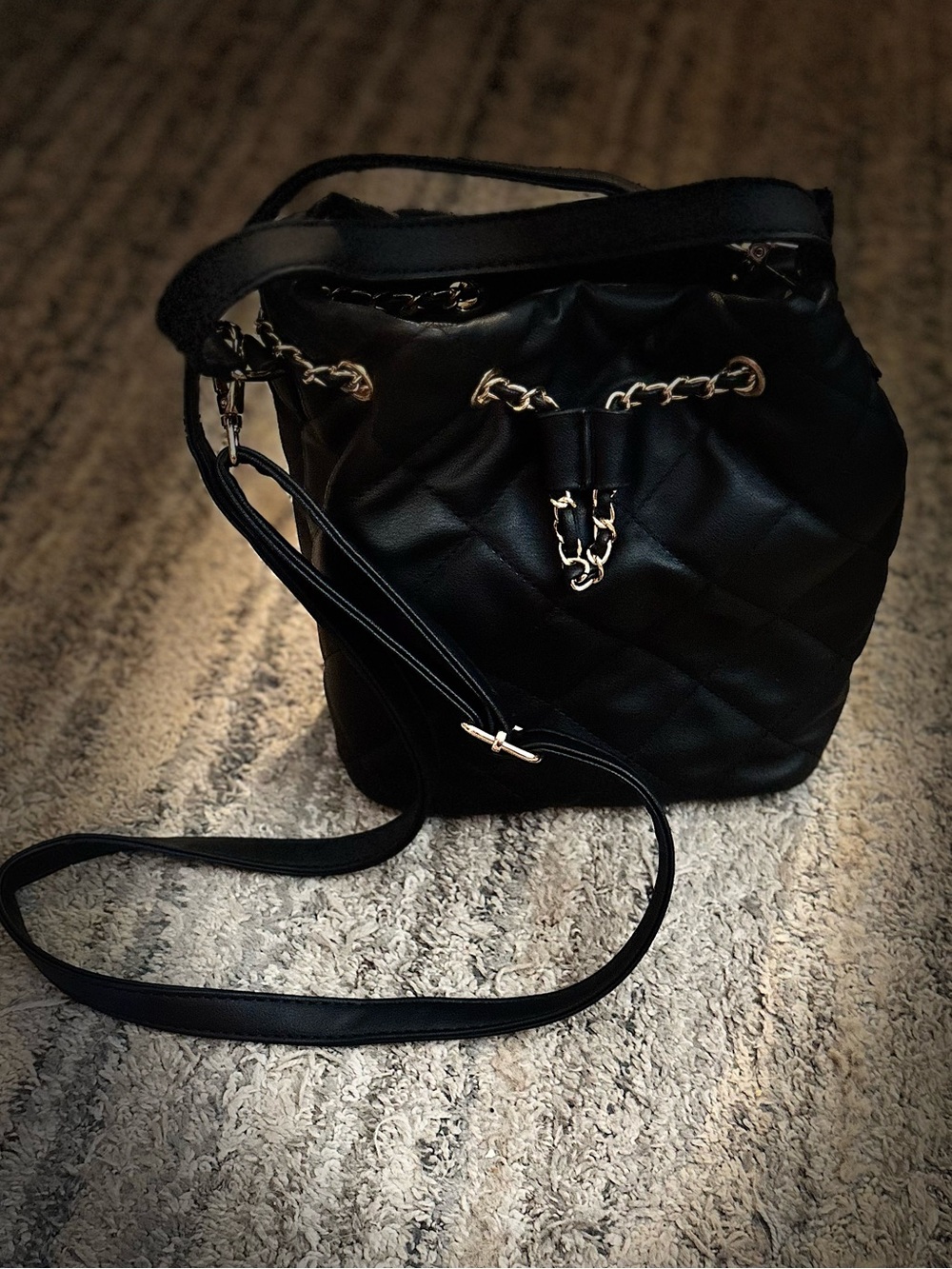 Quilted Black Bucket Bag with Chain Detail